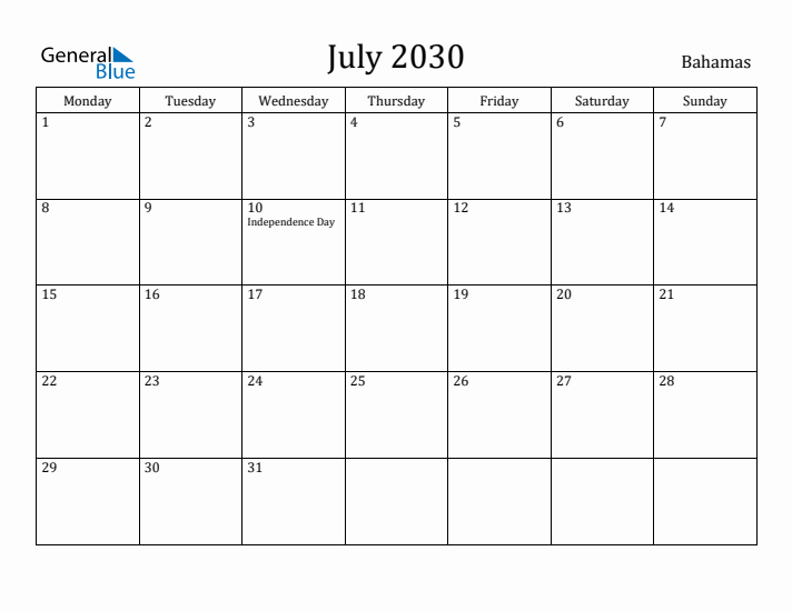July 2030 Calendar Bahamas