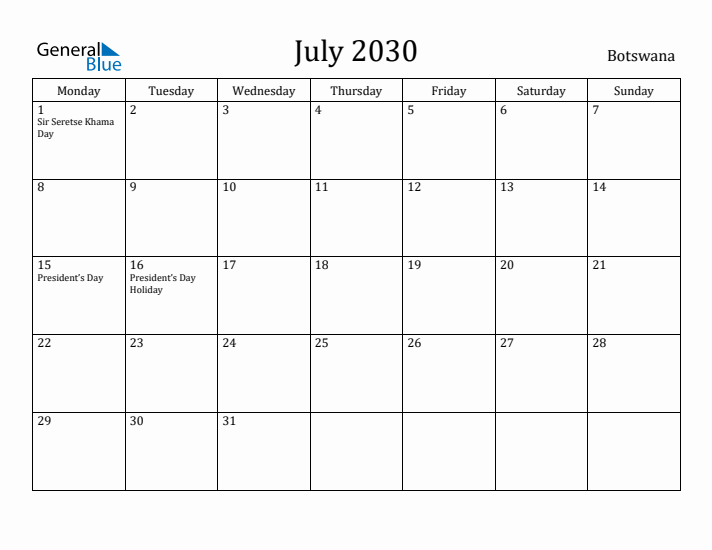 July 2030 Calendar Botswana