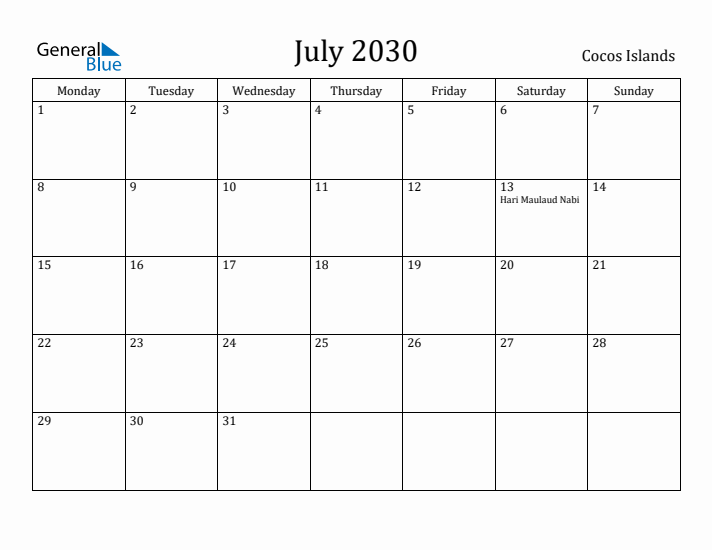July 2030 Calendar Cocos Islands