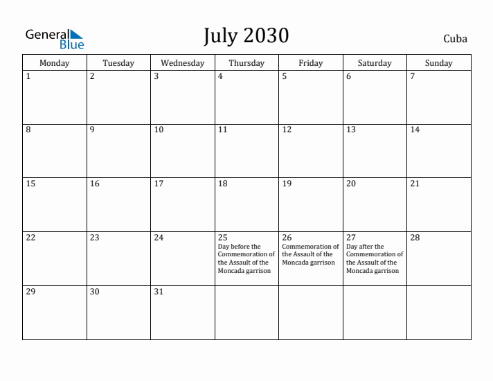 July 2030 Calendar Cuba