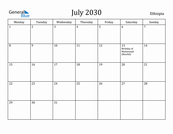 July 2030 Calendar Ethiopia