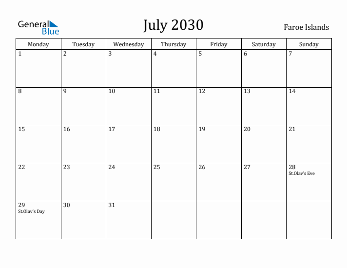 July 2030 Calendar Faroe Islands