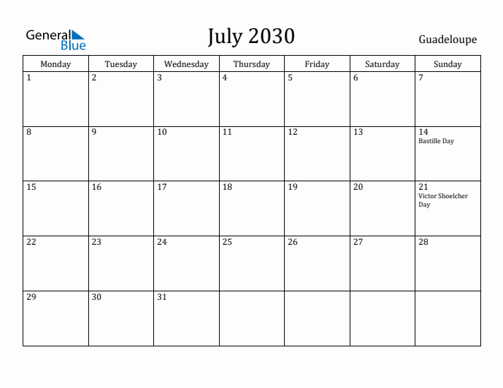 July 2030 Calendar Guadeloupe