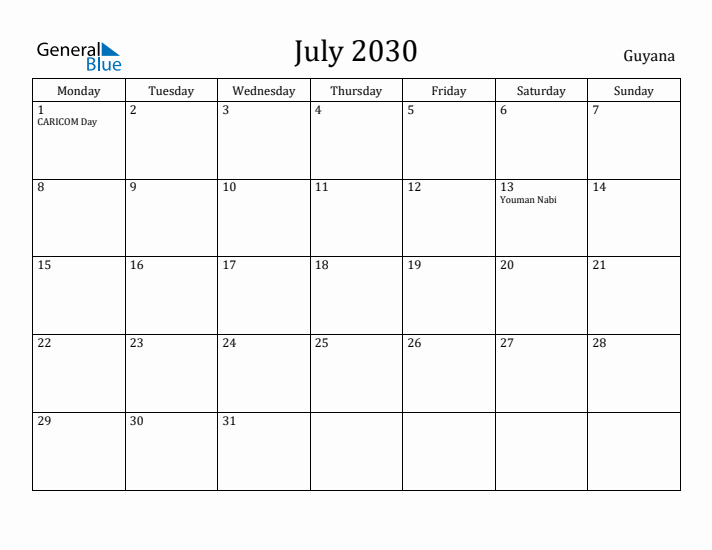 July 2030 Calendar Guyana