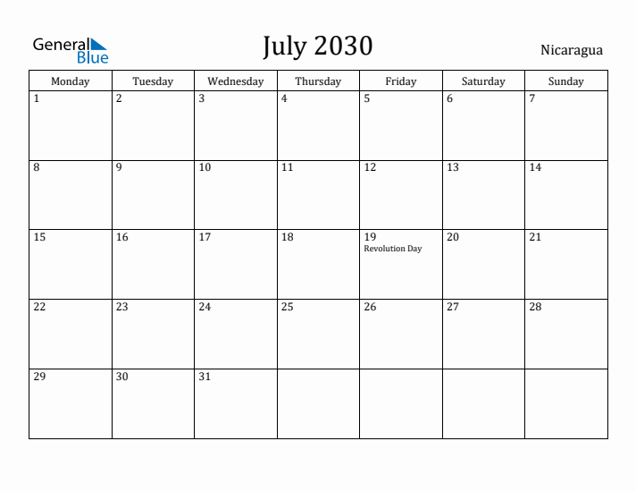 July 2030 Calendar Nicaragua