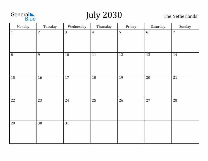 July 2030 Calendar The Netherlands