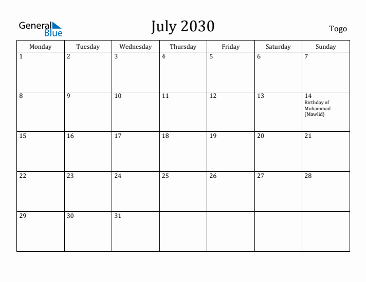 July 2030 Calendar Togo