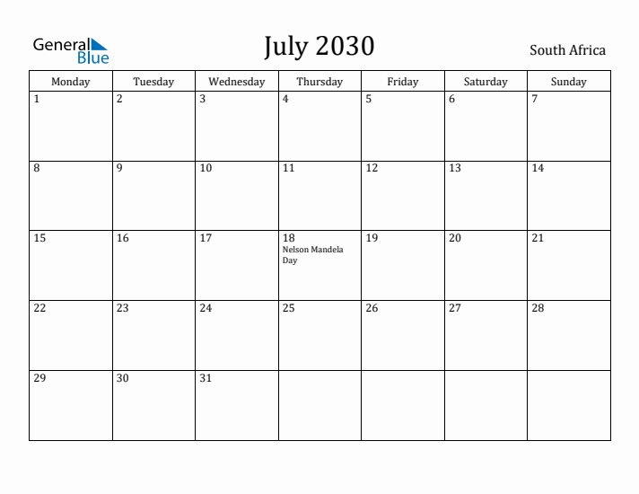 July 2030 Calendar South Africa