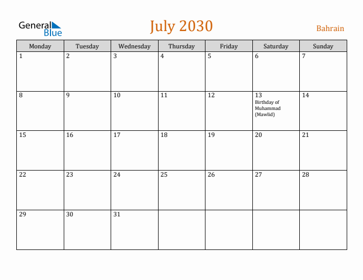 July 2030 Holiday Calendar with Monday Start