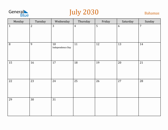 July 2030 Holiday Calendar with Monday Start