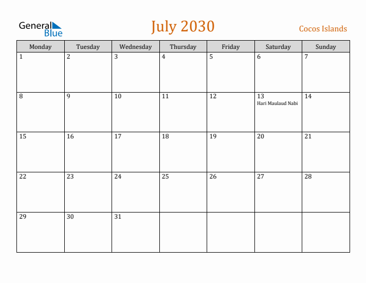 July 2030 Holiday Calendar with Monday Start