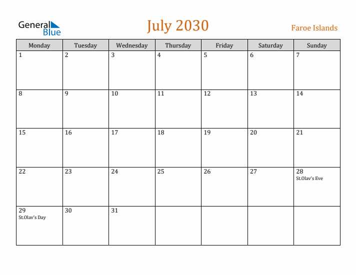 July 2030 Holiday Calendar with Monday Start