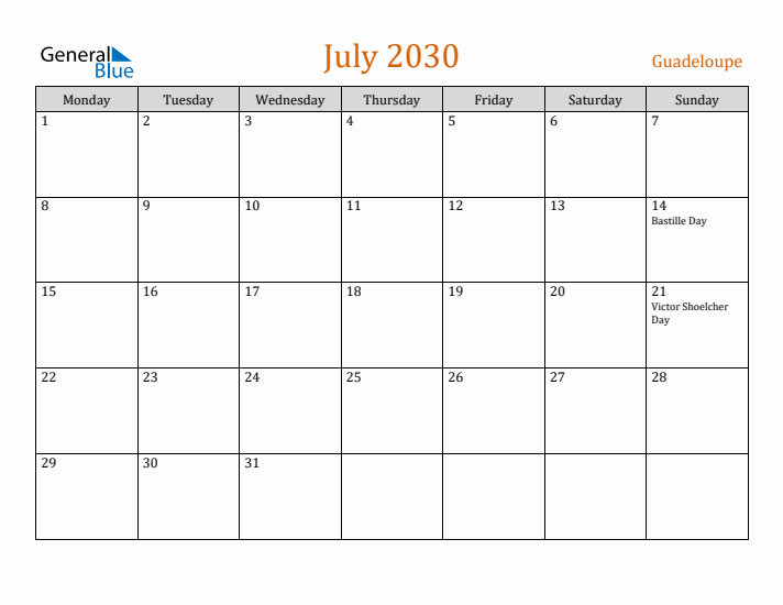 July 2030 Holiday Calendar with Monday Start