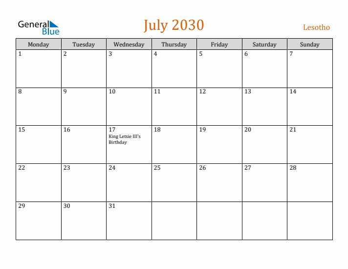 July 2030 Holiday Calendar with Monday Start