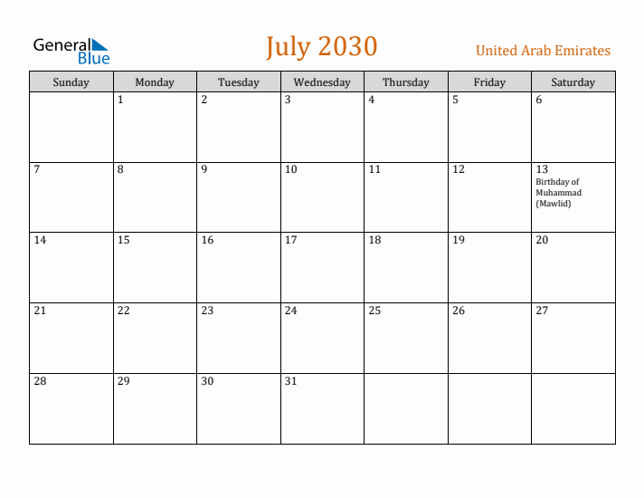 July 2030 Holiday Calendar with Sunday Start