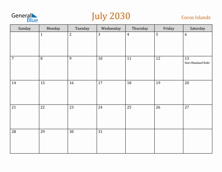 July 2030 Holiday Calendar with Sunday Start