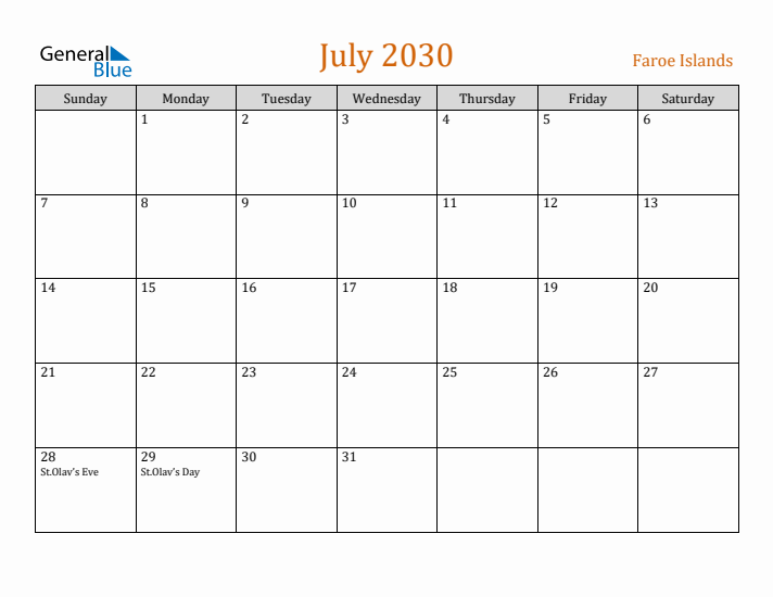 July 2030 Holiday Calendar with Sunday Start