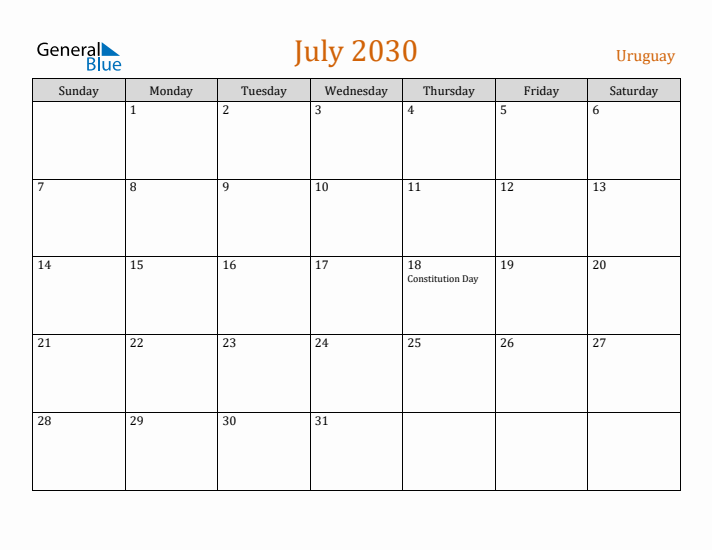 July 2030 Holiday Calendar with Sunday Start