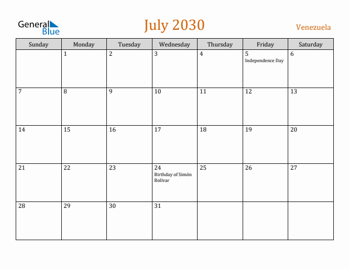 July 2030 Holiday Calendar with Sunday Start