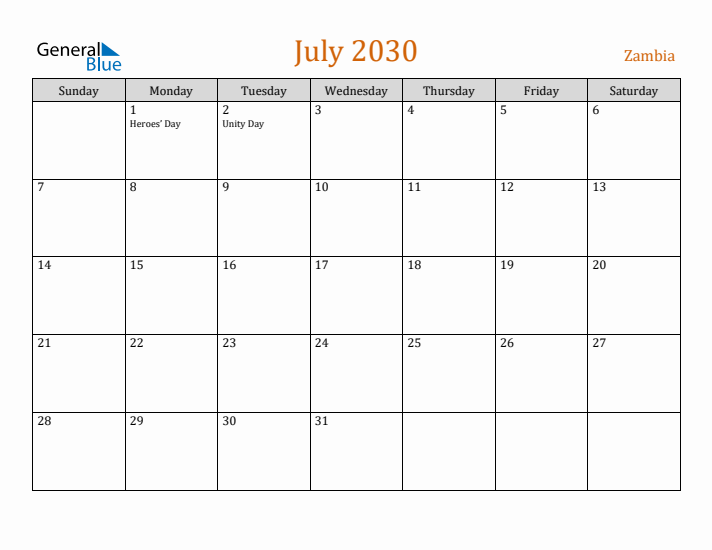 July 2030 Holiday Calendar with Sunday Start