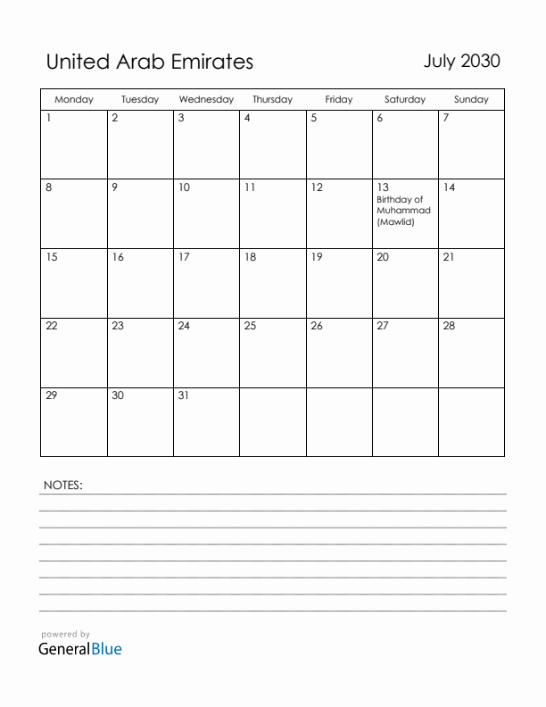 July 2030 United Arab Emirates Calendar with Holidays (Monday Start)