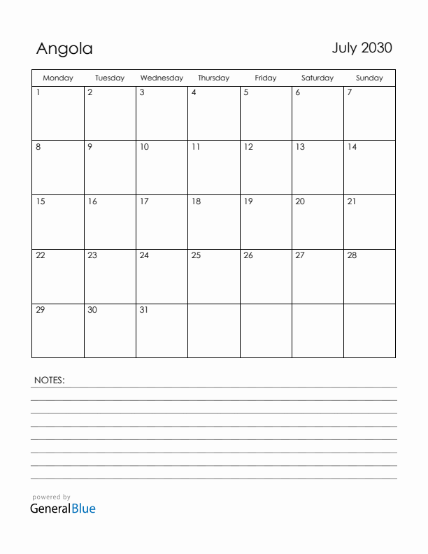 July 2030 Angola Calendar with Holidays (Monday Start)