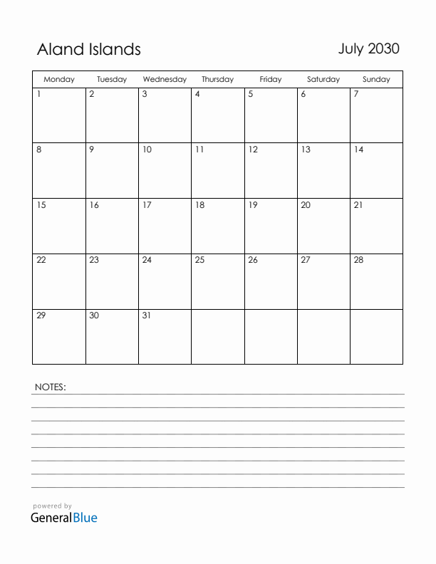 July 2030 Aland Islands Calendar with Holidays (Monday Start)