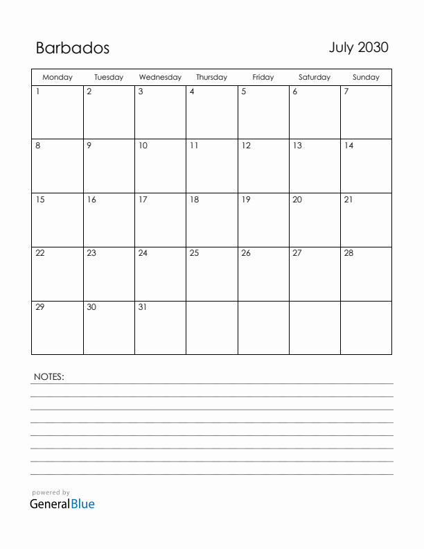 July 2030 Barbados Calendar with Holidays (Monday Start)