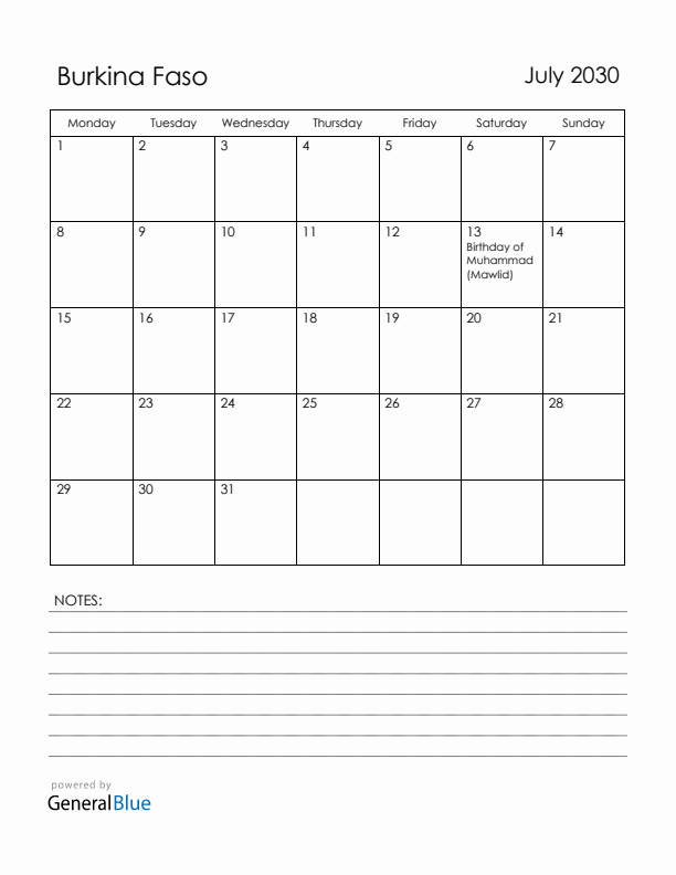 July 2030 Burkina Faso Calendar with Holidays (Monday Start)