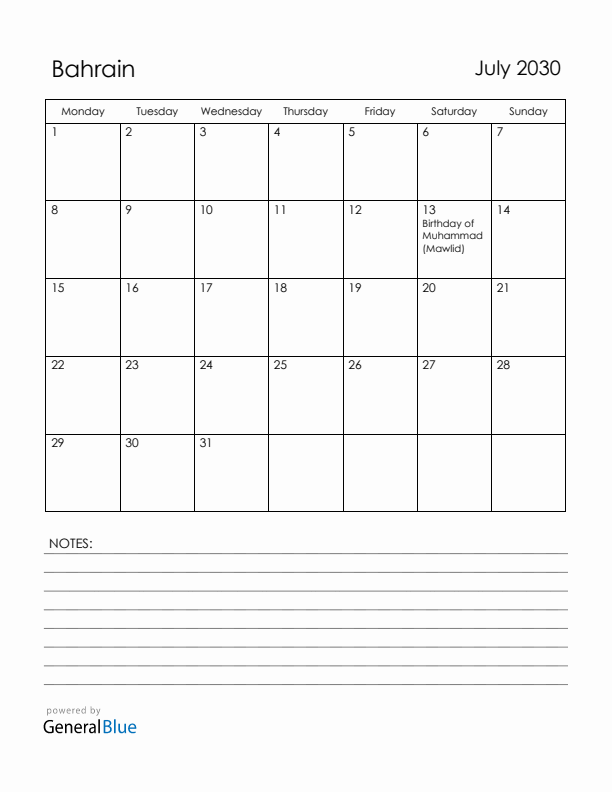 July 2030 Bahrain Calendar with Holidays (Monday Start)