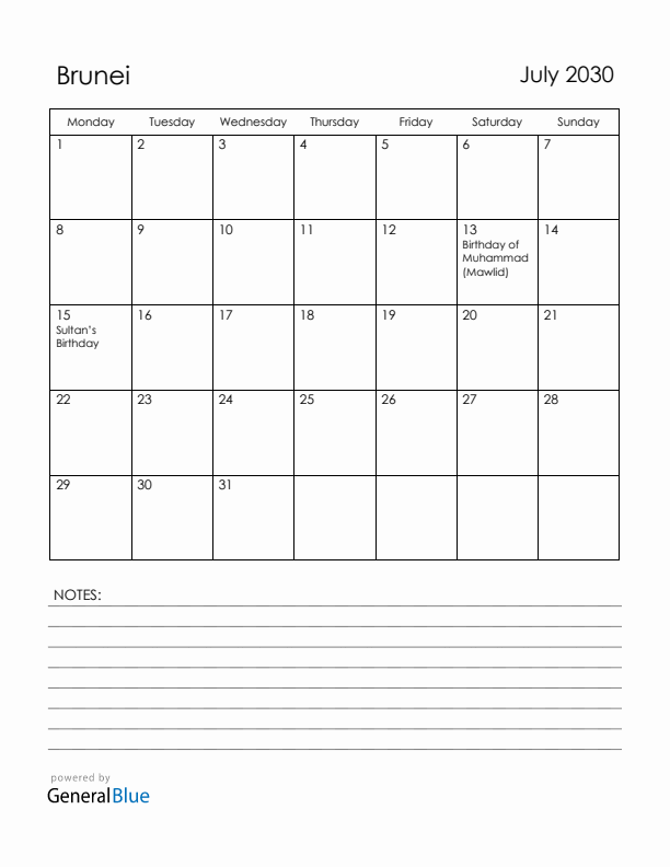 July 2030 Brunei Calendar with Holidays (Monday Start)