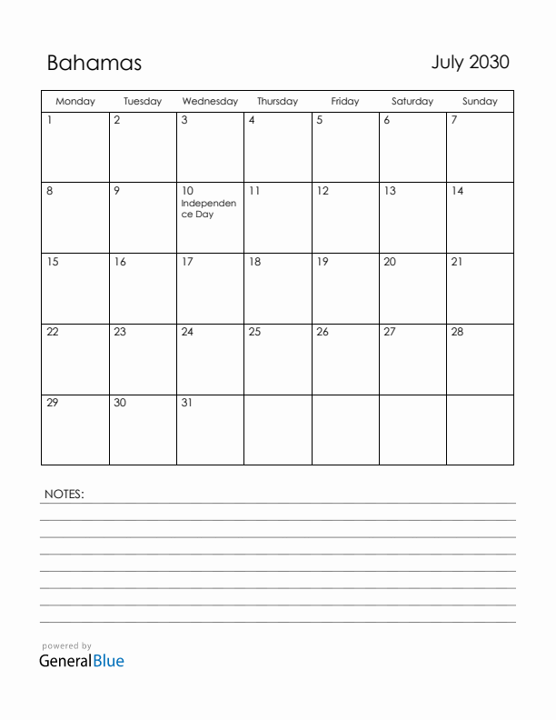 July 2030 Bahamas Calendar with Holidays (Monday Start)