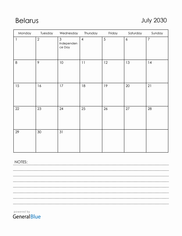 July 2030 Belarus Calendar with Holidays (Monday Start)