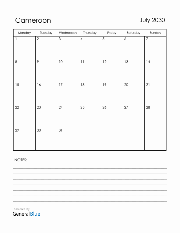 July 2030 Cameroon Calendar with Holidays (Monday Start)