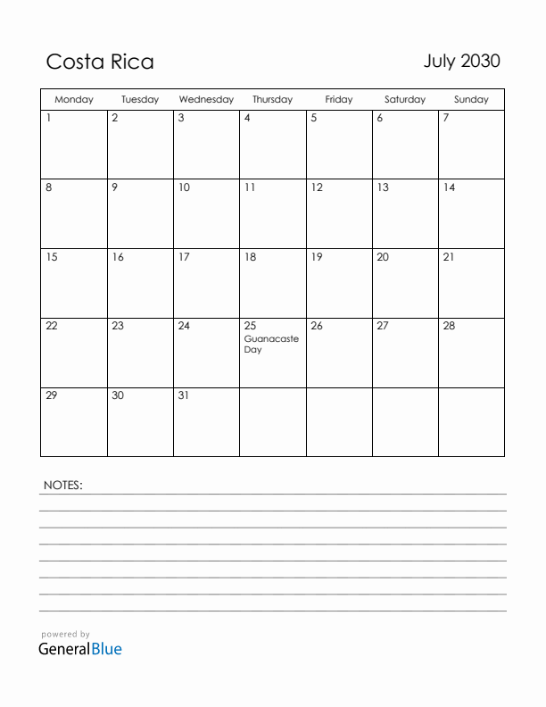 July 2030 Costa Rica Calendar with Holidays (Monday Start)