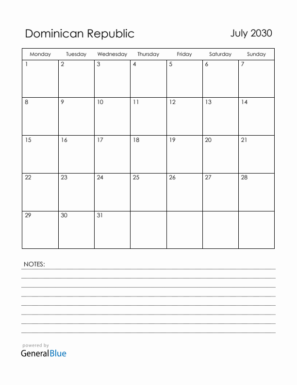 July 2030 Dominican Republic Calendar with Holidays (Monday Start)