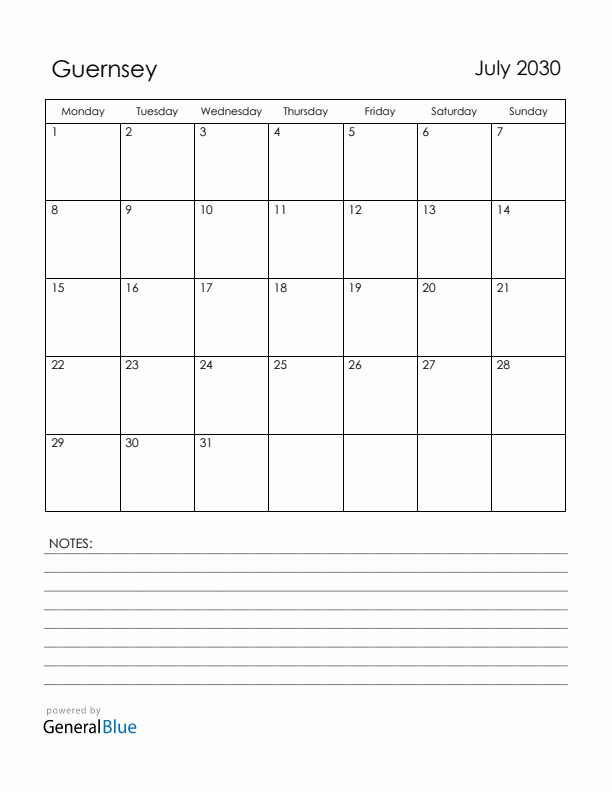 July 2030 Guernsey Calendar with Holidays (Monday Start)