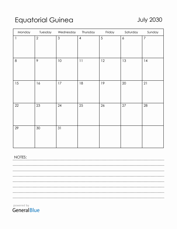 July 2030 Equatorial Guinea Calendar with Holidays (Monday Start)
