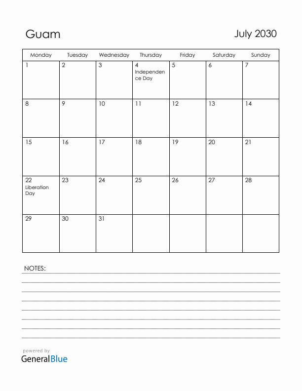 July 2030 Guam Calendar with Holidays (Monday Start)