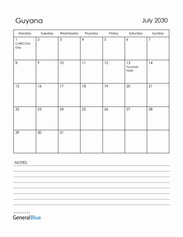 July 2030 Guyana Calendar with Holidays (Monday Start)
