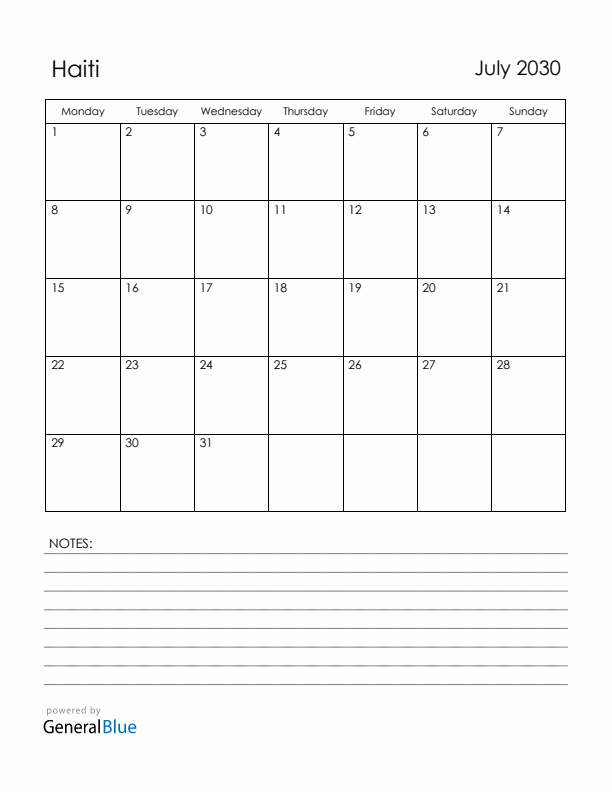 July 2030 Haiti Calendar with Holidays (Monday Start)