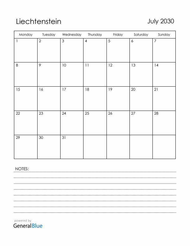 July 2030 Liechtenstein Calendar with Holidays (Monday Start)