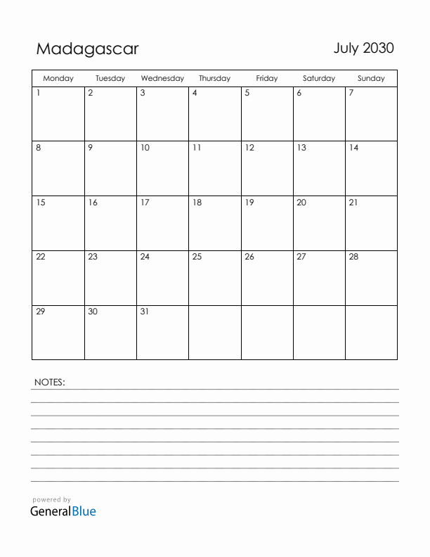July 2030 Madagascar Calendar with Holidays (Monday Start)