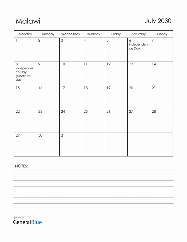 July 2030 Malawi Calendar with Holidays (Monday Start)