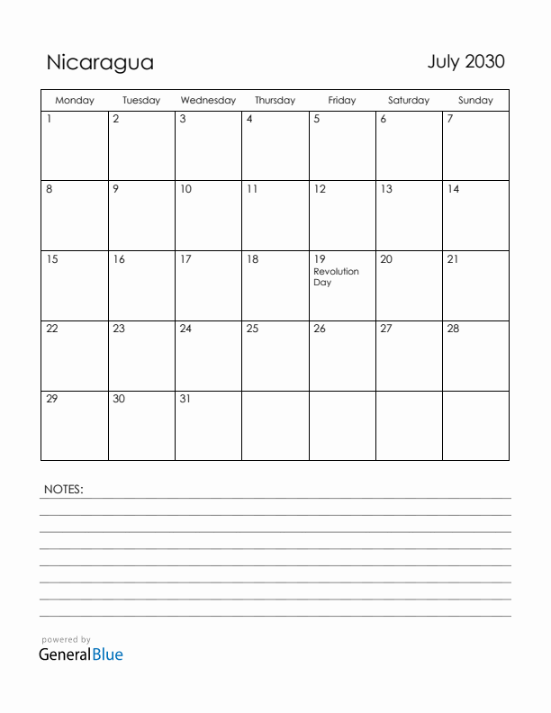 July 2030 Nicaragua Calendar with Holidays (Monday Start)