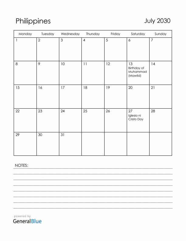 July 2030 Philippines Calendar with Holidays (Monday Start)