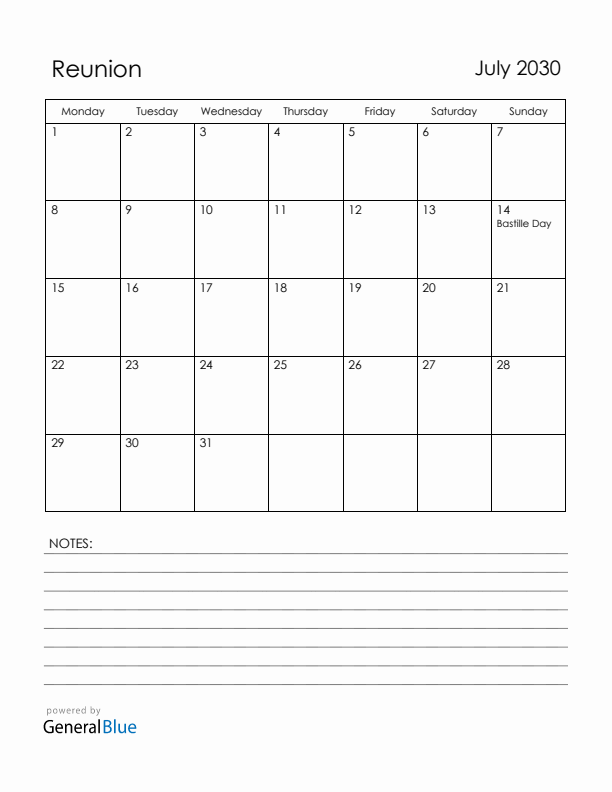 July 2030 Reunion Calendar with Holidays (Monday Start)