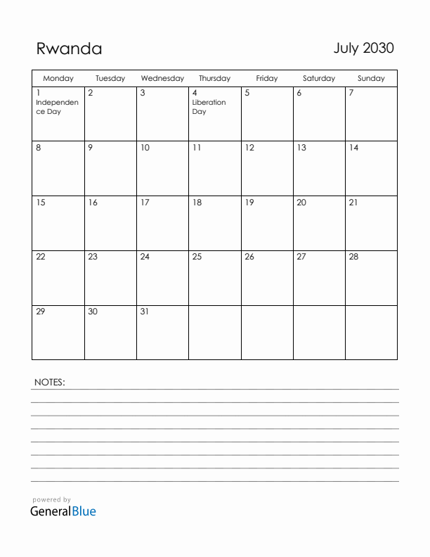 July 2030 Rwanda Calendar with Holidays (Monday Start)