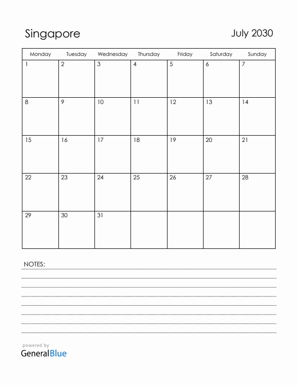 July 2030 Singapore Calendar with Holidays (Monday Start)