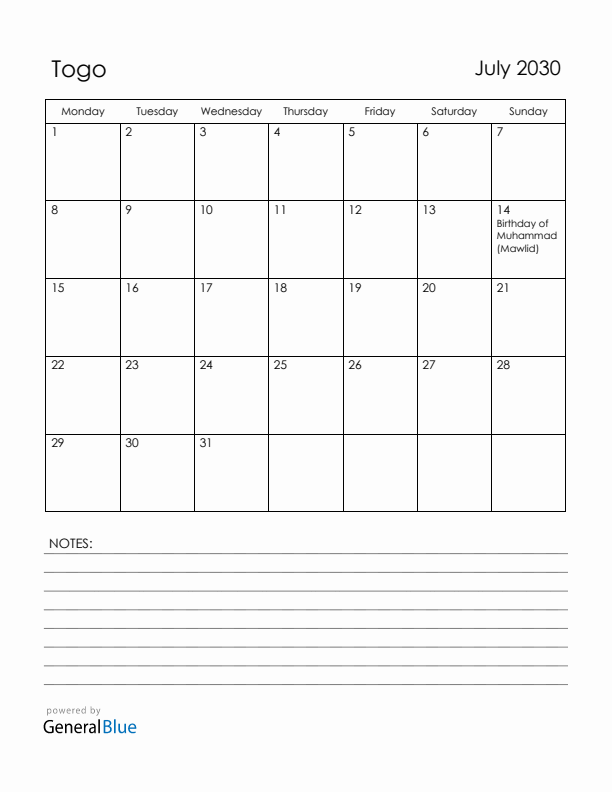 July 2030 Togo Calendar with Holidays (Monday Start)